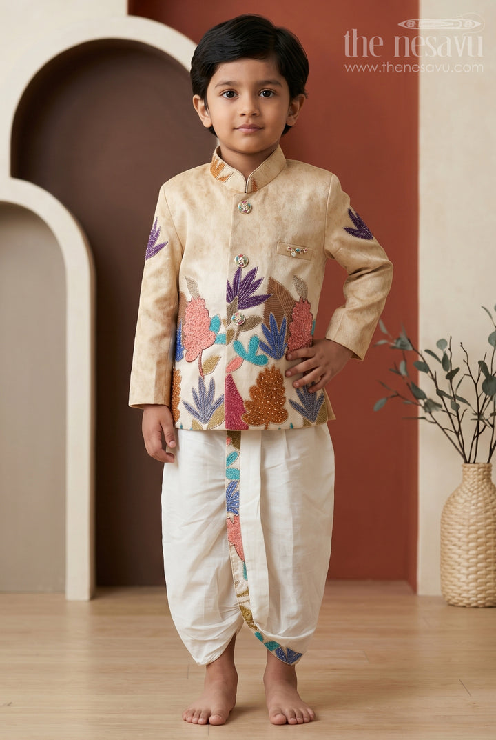 The Nesavu Boys Sherwani Boys Sherwani Set for Festive Wear and Traditional Functions Nesavu 14 (6M) / Yellow / Viscose Silk BES1015A-14 Nesavu Boys Sherwani Set With Sequence Embroidery Viscose Silk For Festive And Wedding Wear