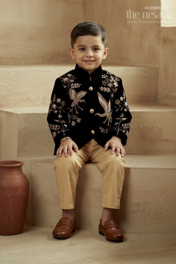 The Nesavu Boys Sherwani Boys Sherwani Set for Reception and Wedding Parties Nesavu 18 (2Y) / Black / Velvet BES602B-18 Nesavu Boys Sherwani Set For Reception And Wedding Parties With Velvet Finish And Designer Embroidery BES602B-18