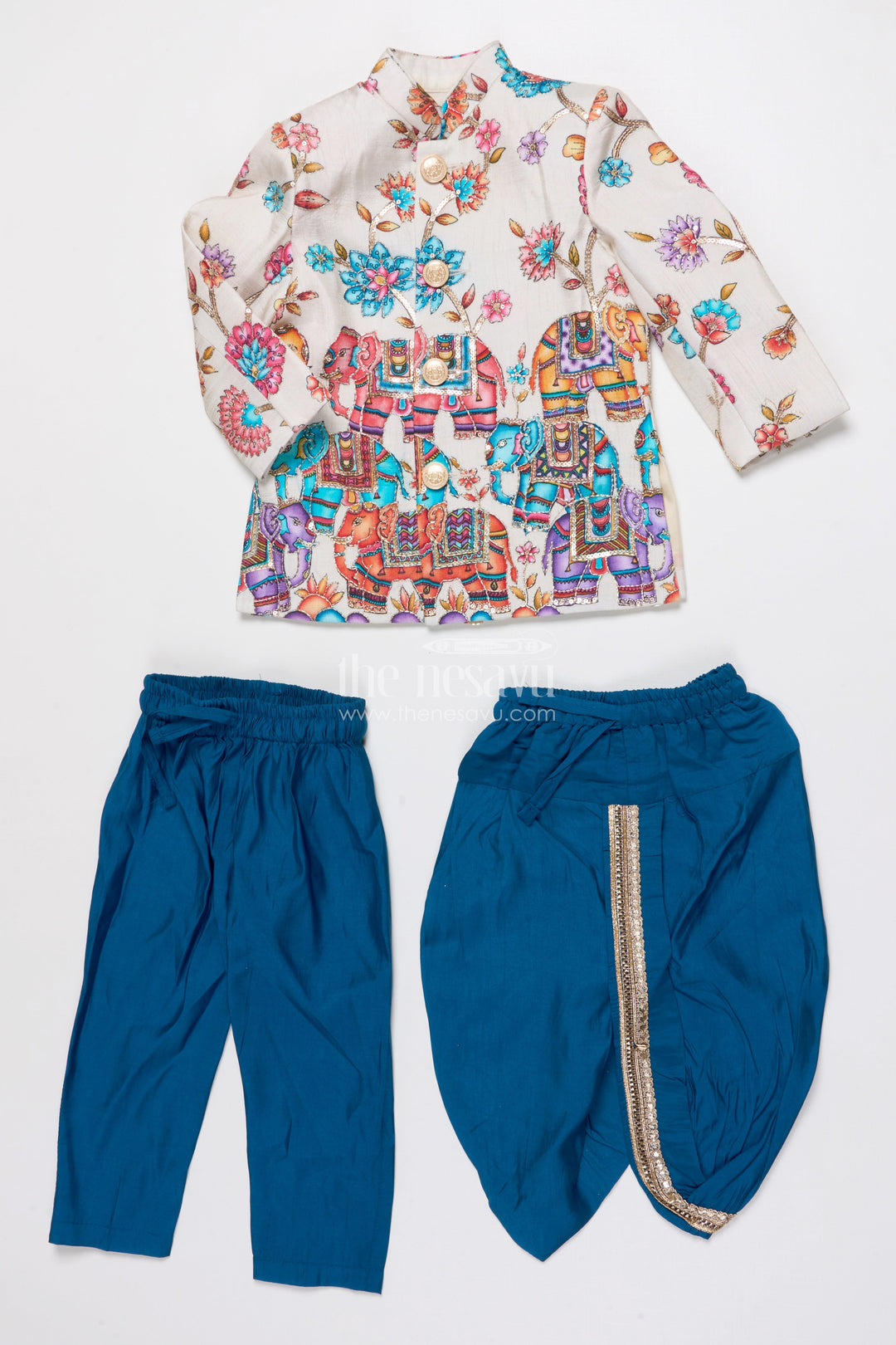 The Nesavu Boys Sherwani Boys Sherwani Set for Wedding Receptions and Cultural Events Nesavu Nesavu boys silk sherwani embroidered elephant print weddings grand festive occasions