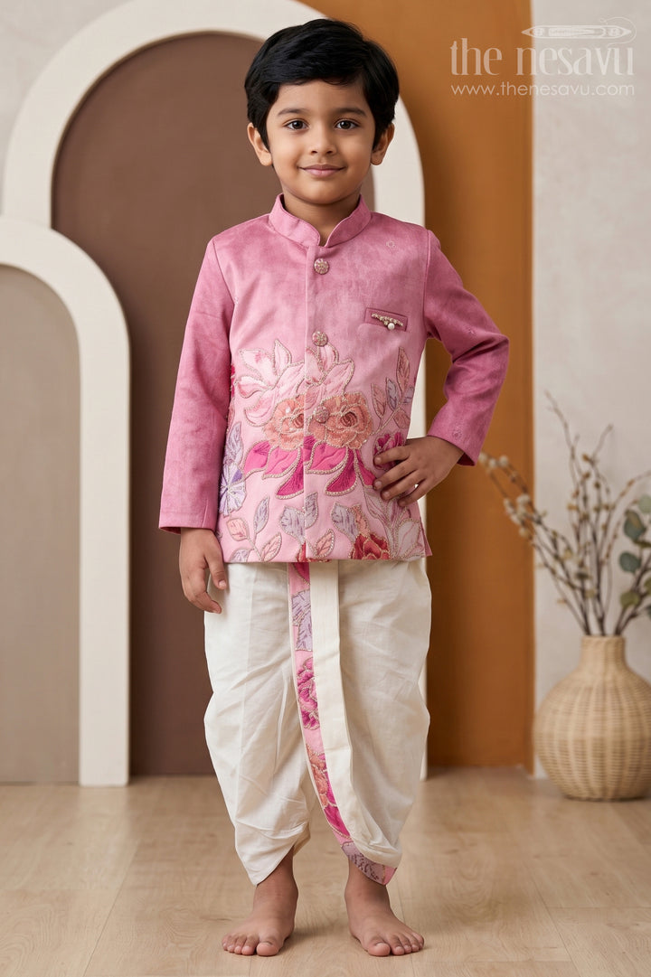 The Nesavu Boys Sherwani Boys Sherwani Set for Weddings and Festive Occasions Nesavu 14 (6M) / Pink / Viscose Silk BES1014A-14 Nesavu Boys Sherwani Set For Weddings Viscose Silk With Digital Print Traditional Outfit