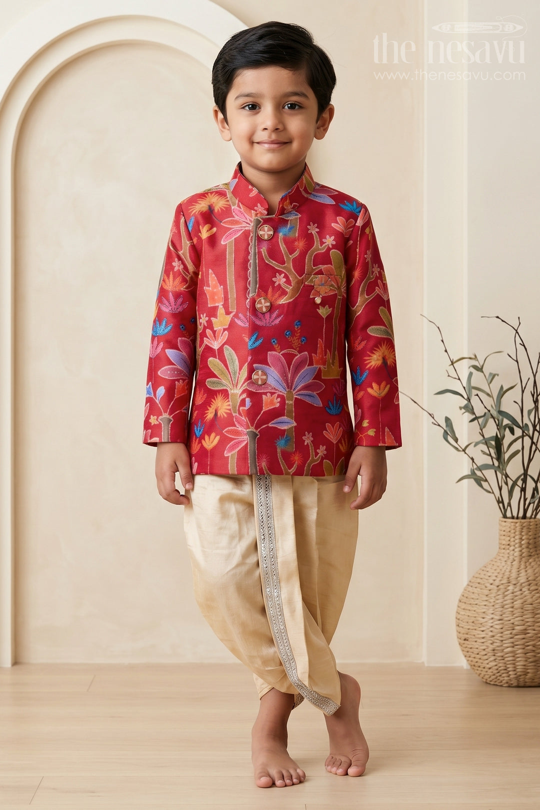 The Nesavu Boys Sherwani Boys Sherwani Set for Weddings and Grand Festive Celebrations Nesavu 12 (3M) / Red / Viscose BES1004AA-12 Nesavu Boys Sherwani Set For Weddings And Festive Occasions With Sequence Embroidery Viscose Silk Outfit