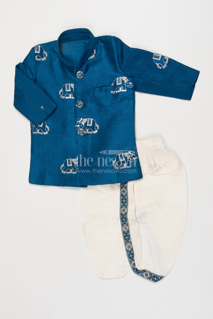 The Nesavu Boys Sherwani Boys Sherwani Set for Weddings and Traditional Events Nesavu 12 (3M) / Blue BES813A-12 Nesavu boys sherwani thread embroidery weddings festive Indian functions