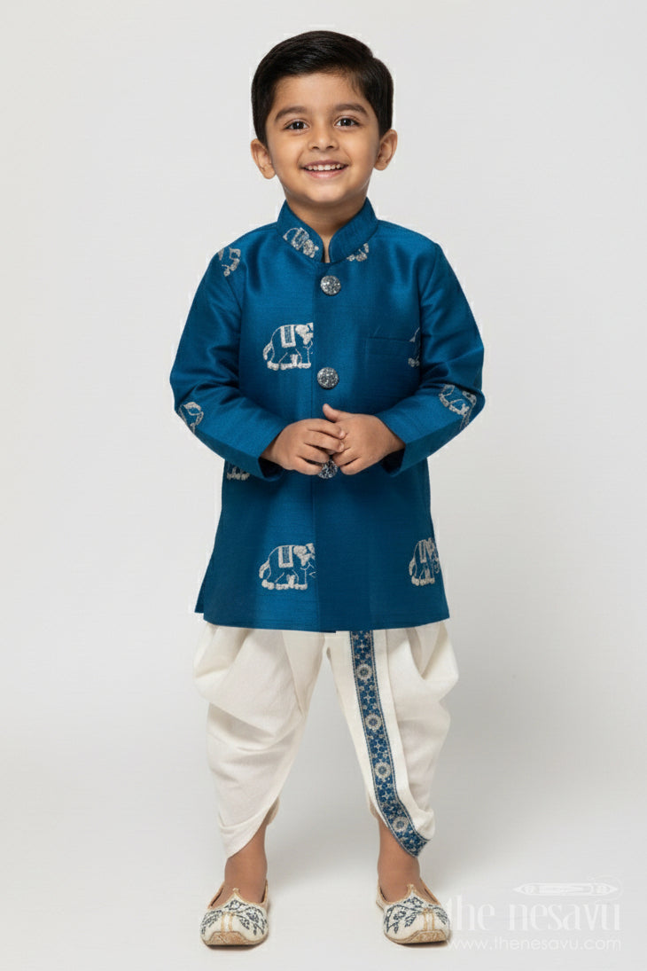 The Nesavu Boys Sherwani Boys Sherwani Set for Weddings and Traditional Events Nesavu 12 (3M) / Blue BES813A-12 Nesavu boys sherwani thread embroidery weddings festive Indian functions
