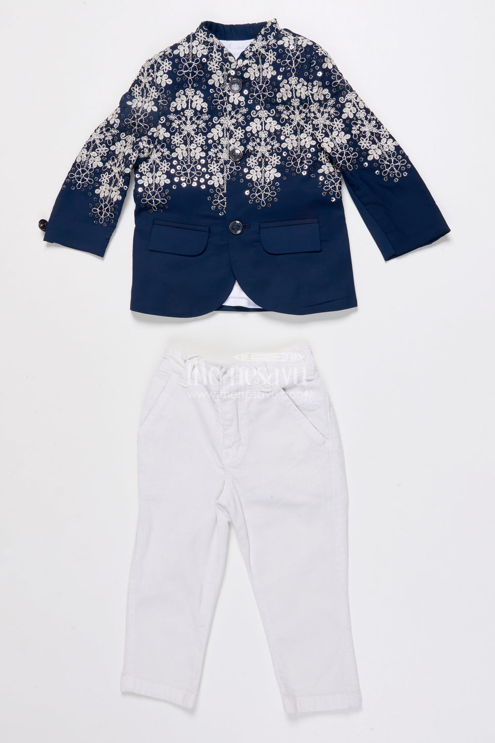 The Nesavu Boys Sherwani Boys Sherwani Set with Embroidered Jacket for Wedding Receptions and Festive Events Nesavu 14 (6M) / Blue BES935A-14 Nesavu boys sherwani set embroidered velvet jacket perfect weddings festive family events