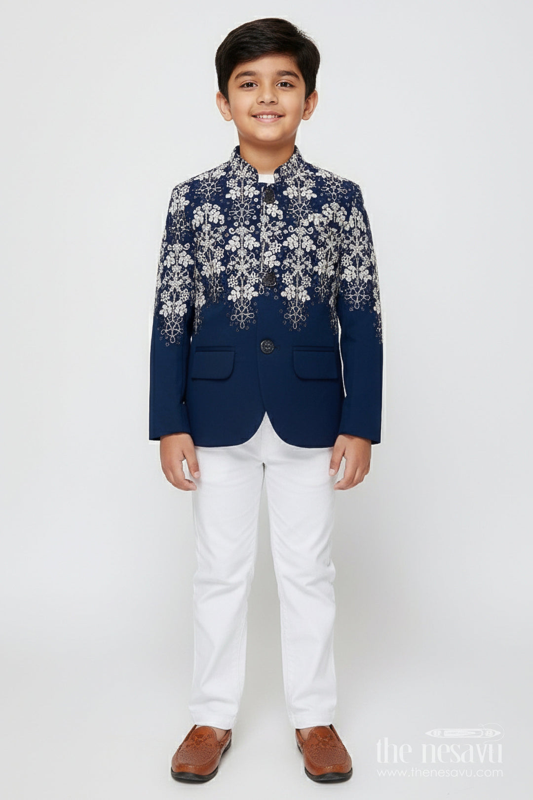 The Nesavu Boys Sherwani Boys Sherwani Set with Embroidered Jacket for Wedding Receptions and Festive Events Nesavu 14 (6M) / Blue BES935A-14 Nesavu boys sherwani set embroidered velvet jacket perfect weddings festive family events