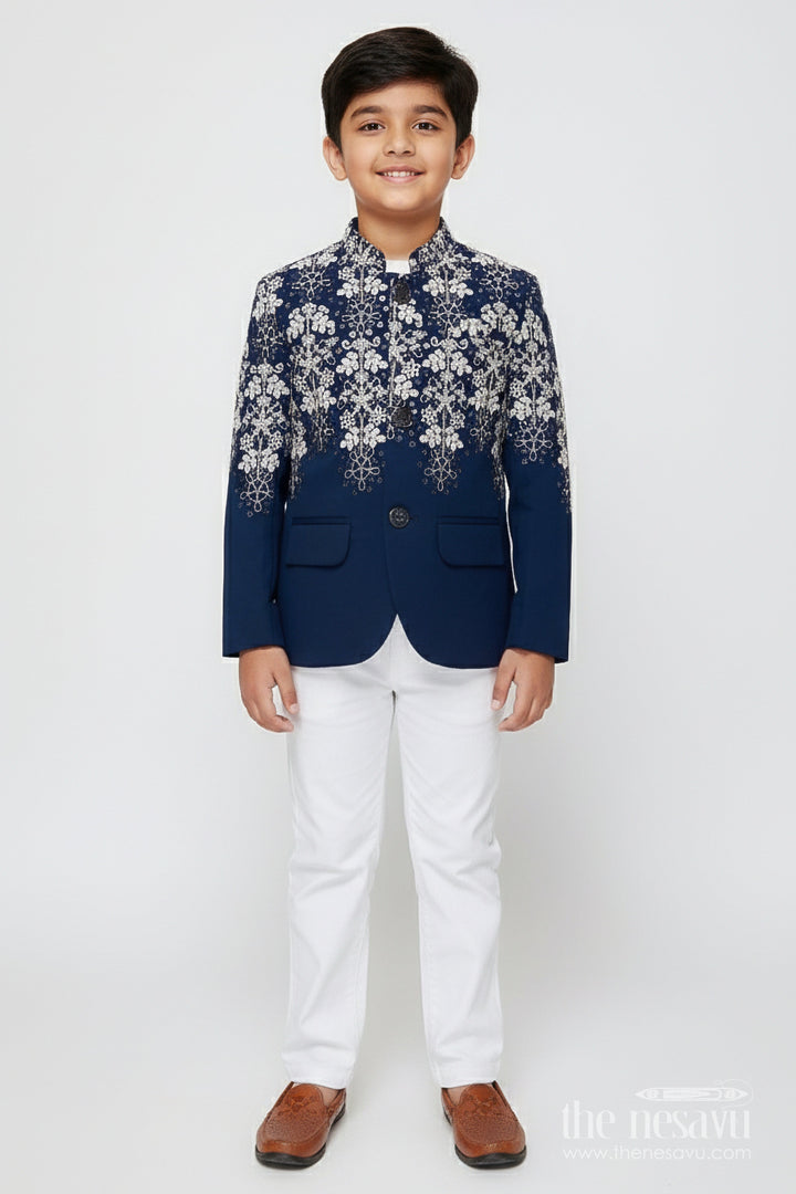 The Nesavu Boys Sherwani Boys Sherwani Set with Embroidered Jacket for Wedding Receptions and Festive Events Nesavu 14 (6M) / Blue BES935A-14 Nesavu boys sherwani set embroidered velvet jacket perfect weddings festive family events