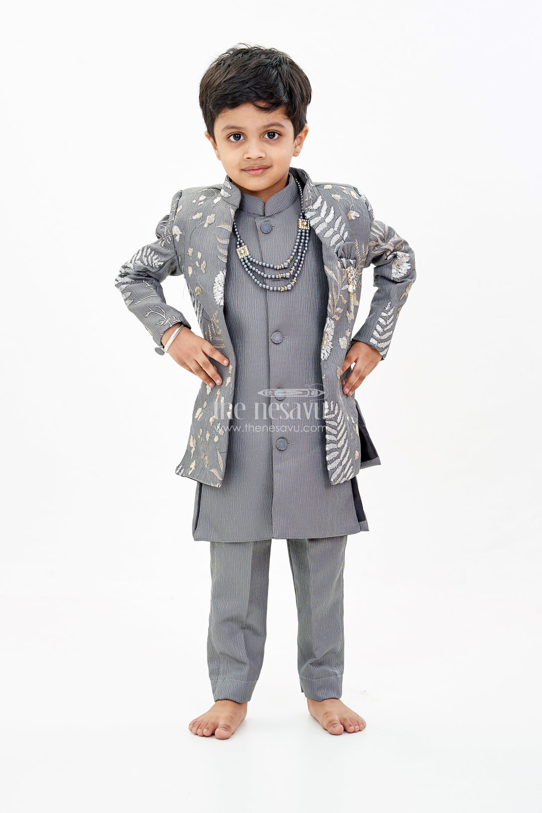 The Nesavu Boys Jacket Sets Boys Sherwani with Long Jacket in Silk Blend with Designer Embroidery and Elegant Detailing Nesavu Nesavu Boys Sherwani Long Jacket Silk Blend Designer Embroidery Regal Charm