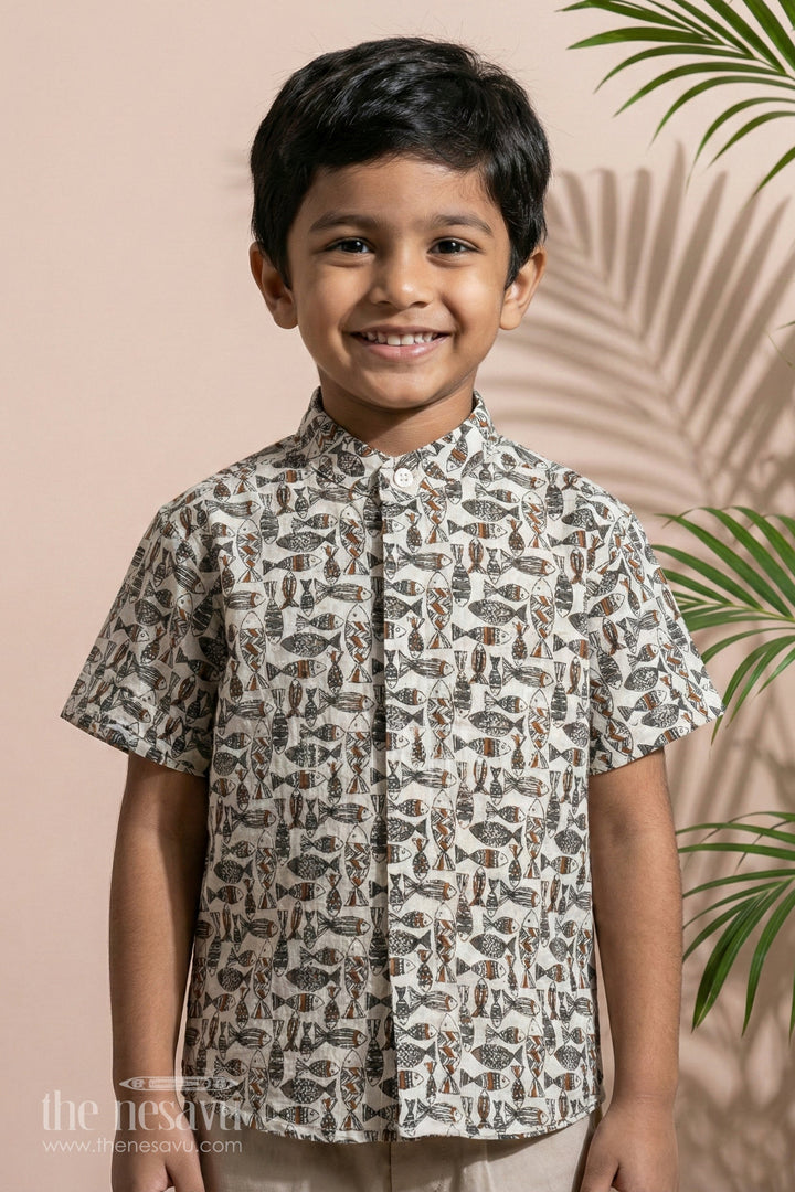 The Nesavu Boys Cotton Shirt Boys Shirt Casual Dresses in Cotton Block Print with Tribal Fish Design Nesavu 16 (1Y) / Blue BS244B-16 Boys Shirt Casual Dresses Cotton Block Print Ethnic Fish Pattern | The Nesavu