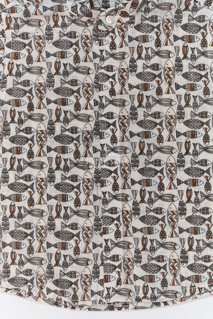 The Nesavu Boys Cotton Shirt Boys Shirt Casual Dresses in Cotton Block Print with Tribal Fish Design Nesavu Nesavu Boys Shirt Casual Dresses Cotton Block Print Ethnic Fish Pattern