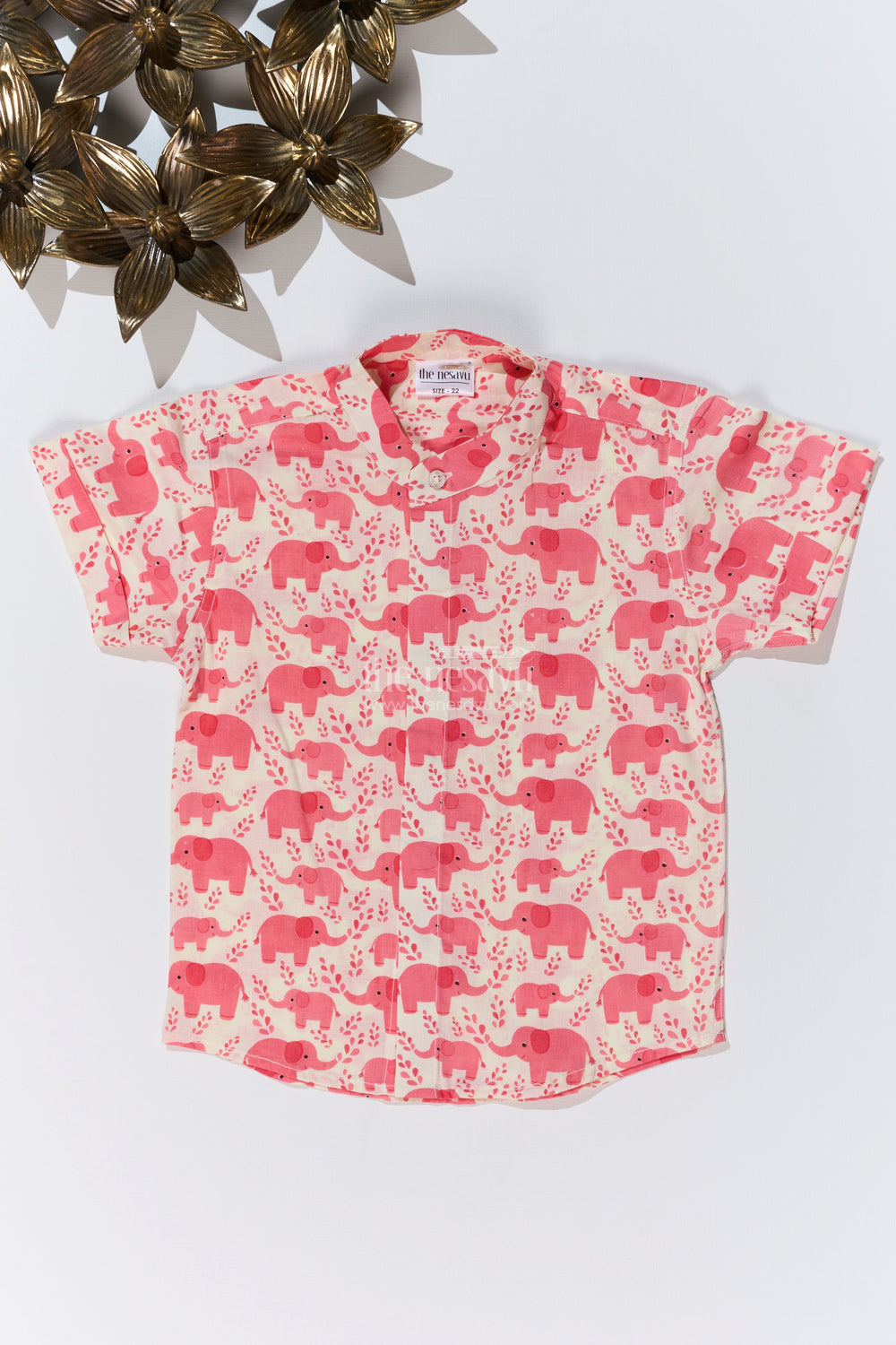 The Nesavu Boys Cotton Shirt Boys Shirt Half Shirt in Cotton Block Print with Playful Elephant Pattern Nesavu 16 (1Y) / Pink BS242A-16 Nesavu Boys Shirt Half Shirt Cotton Block Print Cute Elephant Print