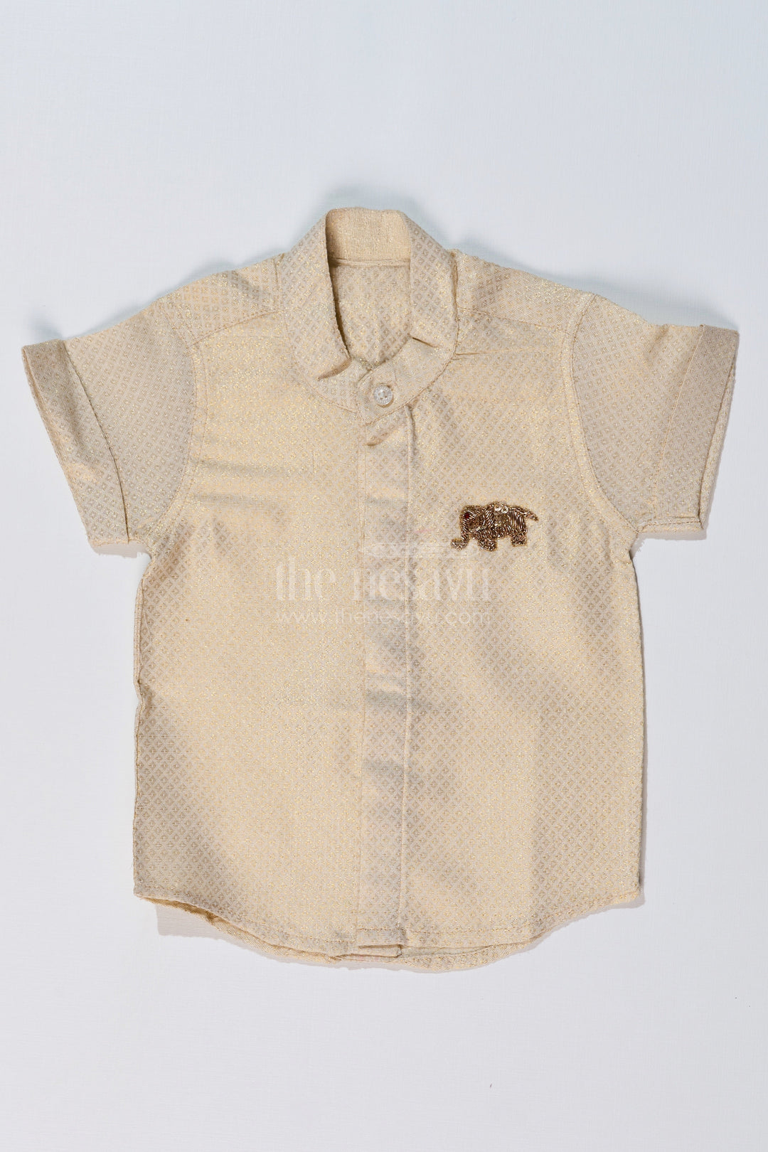 The Nesavu Boys Silk Shirt Boys Shirt New Design with Embroidered Elephant Motif and Mandarin Collar Nesavu 16 (1Y) / Gold BS224A-16 Nesavu Boys Shirt New Design Elephant Embroidery Mandarin Collar