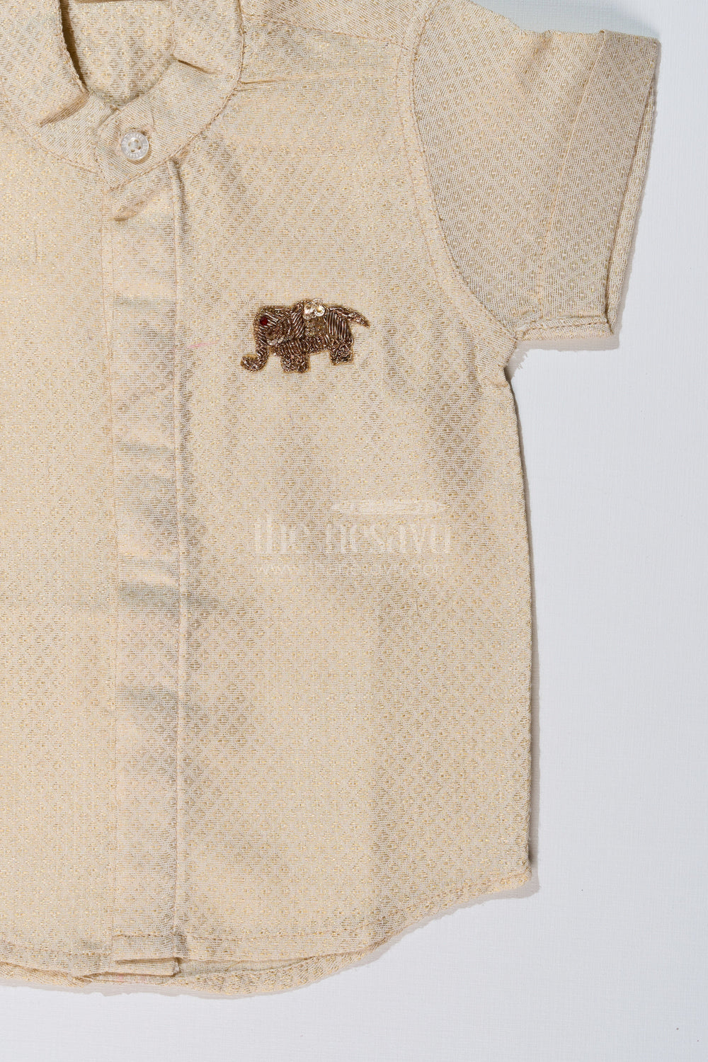 The Nesavu Boys Silk Shirt Boys Shirt New Design with Embroidered Elephant Motif and Mandarin Collar Nesavu Nesavu Boys Shirt New Design Elephant Embroidery Mandarin Collar