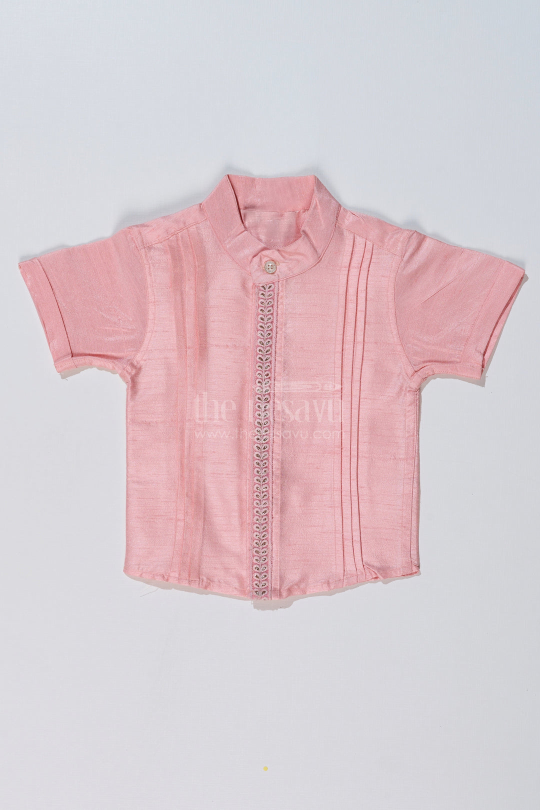 The Nesavu Boys Silk Shirt Boys Short Sleeve Pink Shirt in Silk Blend with Embroidered Panel for Festive Occasions Nesavu 16 (1Y) / Pink BS236A-16 Nesavu Boys Short Sleeve Pink Silk Shirt Embroidered Panel Weddings Festive Wear