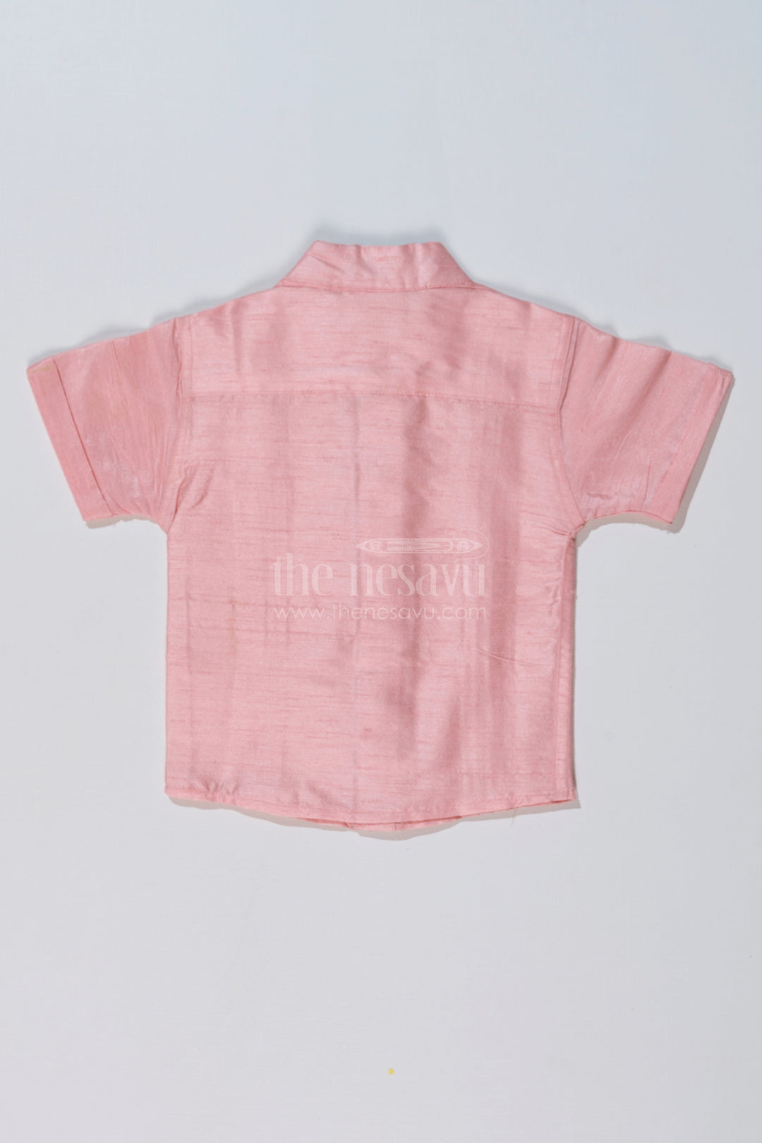 The Nesavu Boys Silk Shirt Boys Short Sleeve Pink Shirt in Silk Blend with Embroidered Panel for Festive Occasions Nesavu Nesavu Boys Short Sleeve Pink Silk Shirt Embroidered Panel Weddings Festive Wear