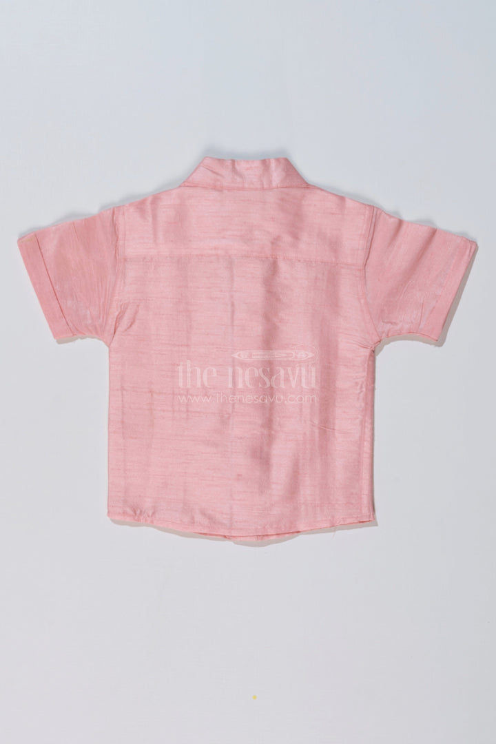 The Nesavu Boys Silk Shirt Boys Short Sleeve Pink Shirt in Silk Blend with Embroidered Panel for Festive Occasions Nesavu Nesavu Boys Short Sleeve Pink Silk Shirt Embroidered Panel Weddings Festive Wear