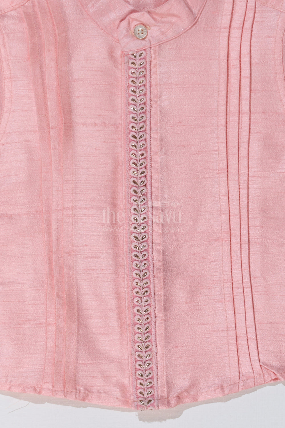 The Nesavu Boys Silk Shirt Boys Short Sleeve Pink Shirt in Silk Blend with Embroidered Panel for Festive Occasions Nesavu Nesavu Boys Short Sleeve Pink Silk Shirt Embroidered Panel Weddings Festive Wear