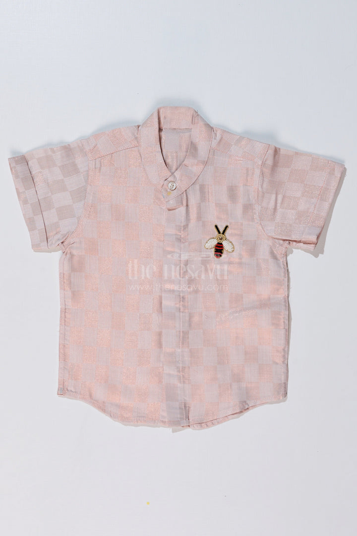 The Nesavu Boys Silk Shirt Boys Silk and Cotton Shirt in Gold with Checkered Pattern and Embellished Bee Motif Nesavu 16 (1Y) / Gold BS221C-16 Nesavu Boys Silk Cotton Shirt Gold Checkered Pattern Embellished Bee Design