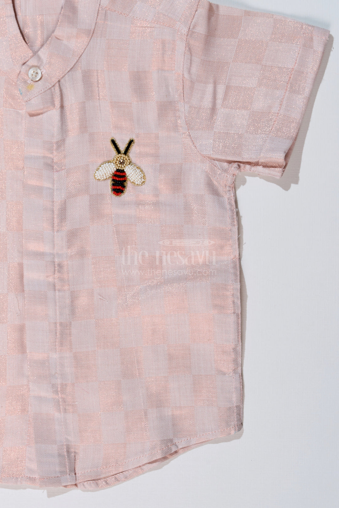 The Nesavu Boys Silk Shirt Boys Silk and Cotton Shirt in Gold with Checkered Pattern and Embellished Bee Motif Nesavu Nesavu Boys Silk Cotton Shirt Gold Checkered Pattern Embellished Bee Design