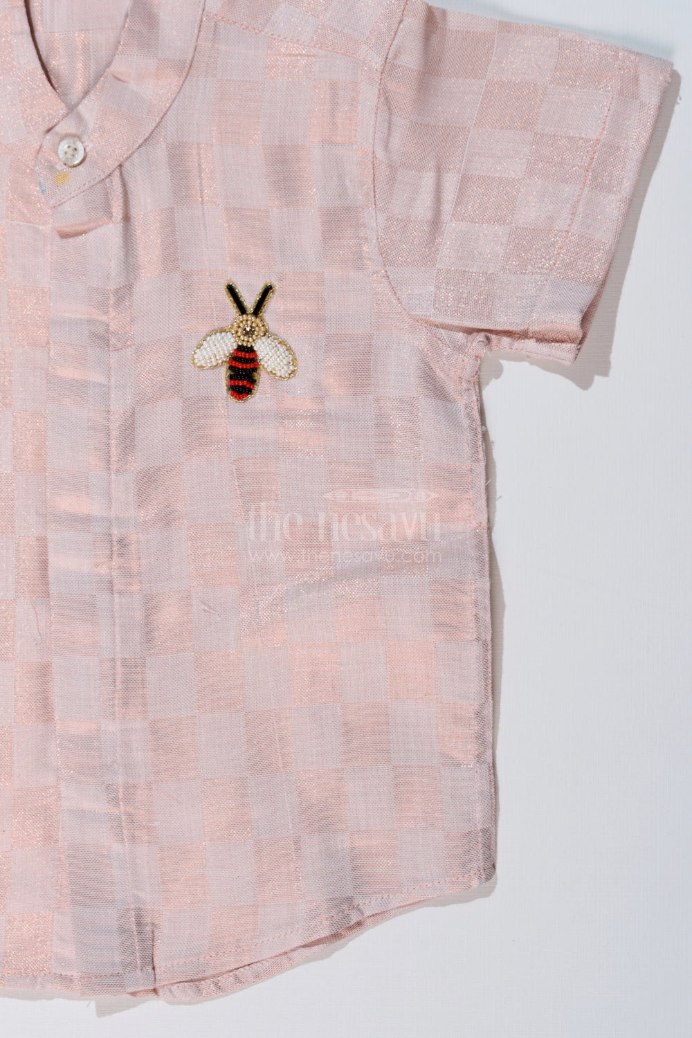 The Nesavu Boys Silk Shirt Boys Silk and Cotton Shirt in Gold with Checkered Pattern and Embellished Bee Motif Nesavu Nesavu Boys Silk Cotton Shirt Gold Checkered Pattern Embellished Bee Design