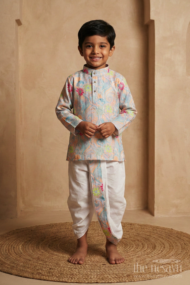The Nesavu Boys Dothi Set Boys Silk Blend Dhoti Kurta Set with Embroidery for Festive Occasions Nesavu Nesavu boys embroidered dhoti kurta set silk blend perfect ethnic day festive family events