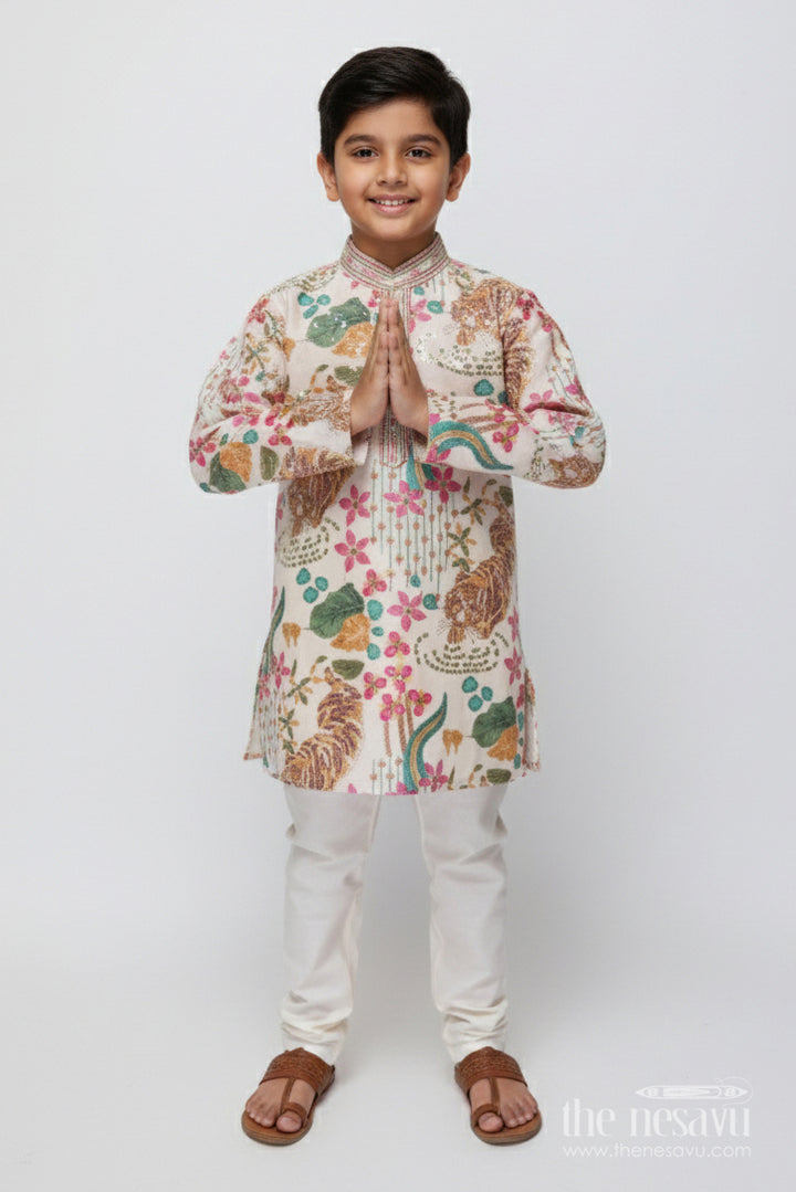 The Nesavu Boys Kurtha Set Boys Silk Blend Kurta Set with Animal Print Embroidery for Festive Functions Nesavu 16 (1Y) / Cream BES819A-16 Nesavu boys kurta set tiger print sequin embroidery weddings festive occasions