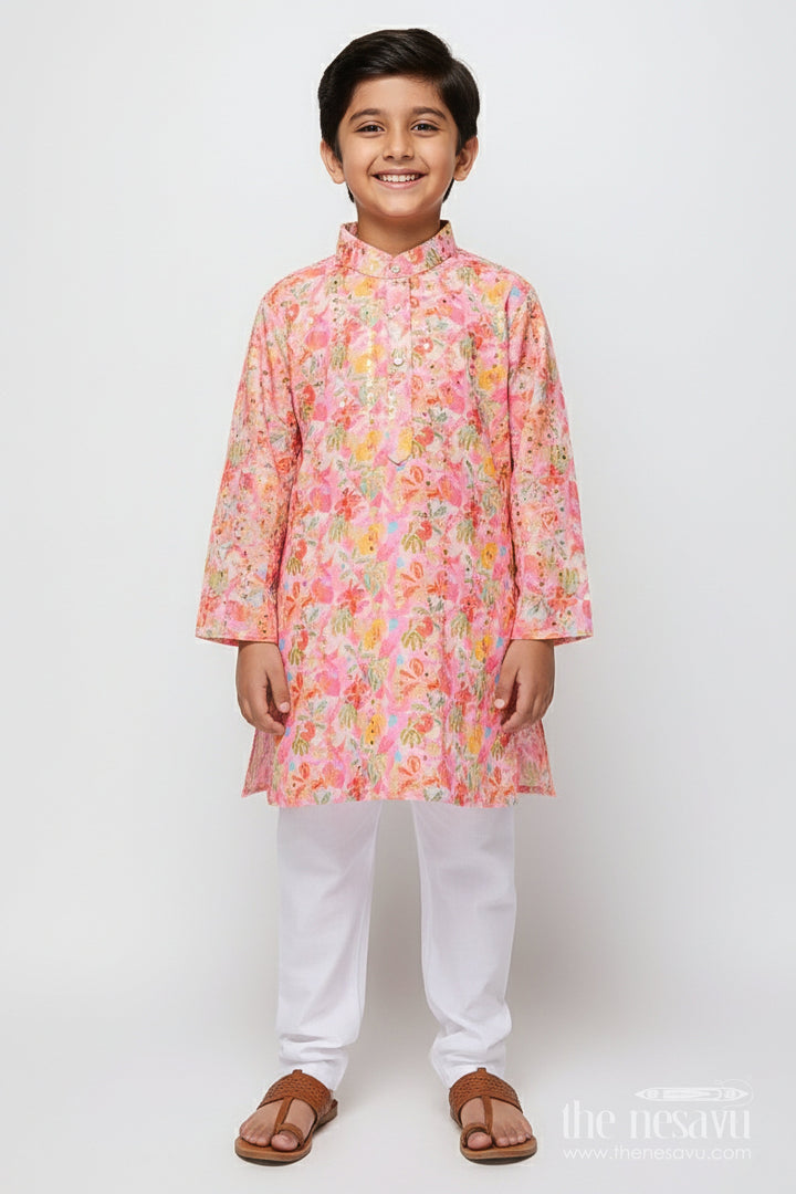 The Nesavu Boys Kurtha Set Boys Silk Blend Kurta Set with Digital Print for Festive Weddings Nesavu 16 (1Y) / Pink BES930A-16 Nesavu embroidered digital print boys kurta set festive silk blend outfit weddings cultural events
