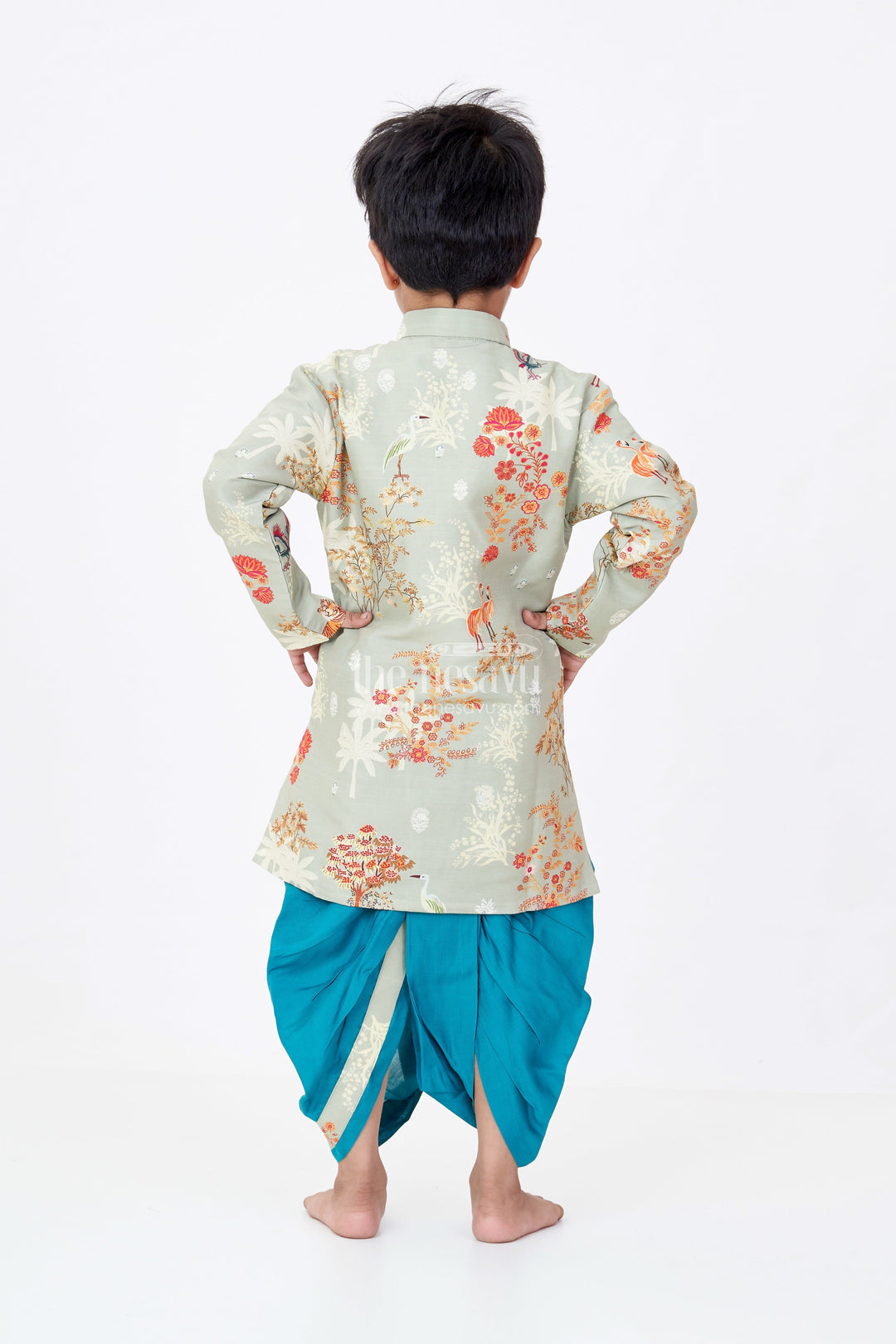 The Nesavu Boys Dothi Set Boys Silk Blend Traditional Ethnic Wear Set with Jungle-Themed Digital Print and Teal Dhoti Pants Nesavu Nesavu Boys Traditional Ethnic Wear Set Jungle Digital Print Silk Kurta Teal Dhoti Pants