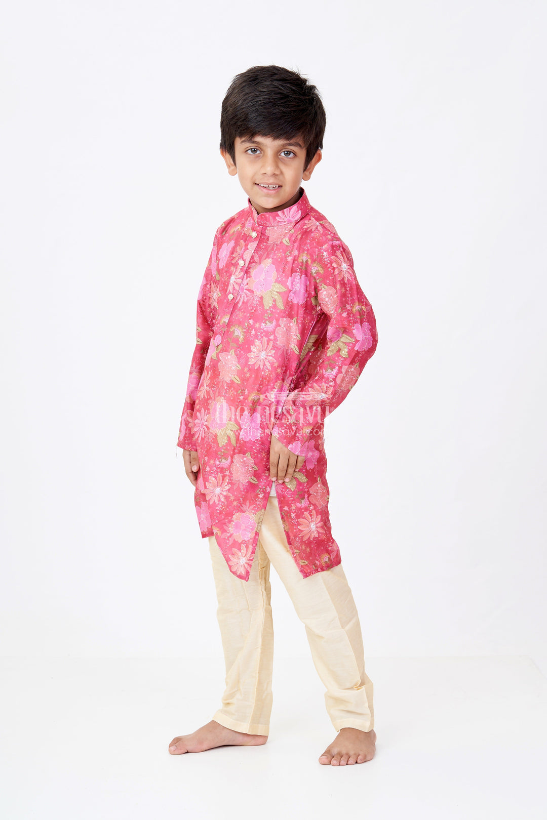 The Nesavu Boys Kurtha Set Boys Silk Cotton Maroon Kurta Set with Self Embroidery and Floral Digital Print Accents Nesavu 18 (2Y) / Pink BES675C-18 Nesavu Boys Silk Cotton Maroon Kurta Set Self Embroidery Floral Digital Print Highlights