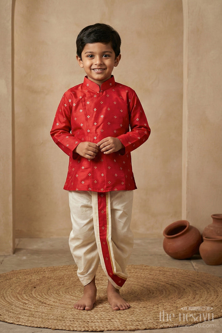 The Nesavu Boys Dothi Set Boys Silk Dhoti Set for Weddings and Traditional Celebrations Nesavu 14 (6M) / Red BES771A-14 Nesavu boys silk blend dhoti kurta set zari butta weddings family celebrations