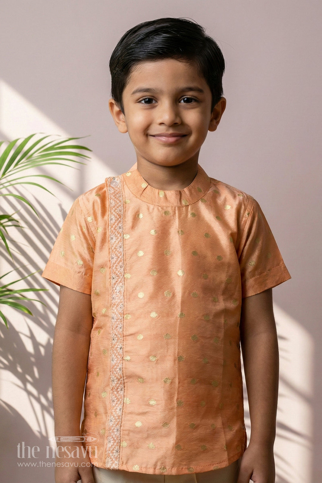 Boys silk dress shirt Banaras Designer Fabric Golden Motifs Embroidered Trim | The Nesavu The Nesavu Boys silk dress shirt Banaras Designer Fabric Golden Motifs Embroidered Trim | The Nesavu The Nesavu