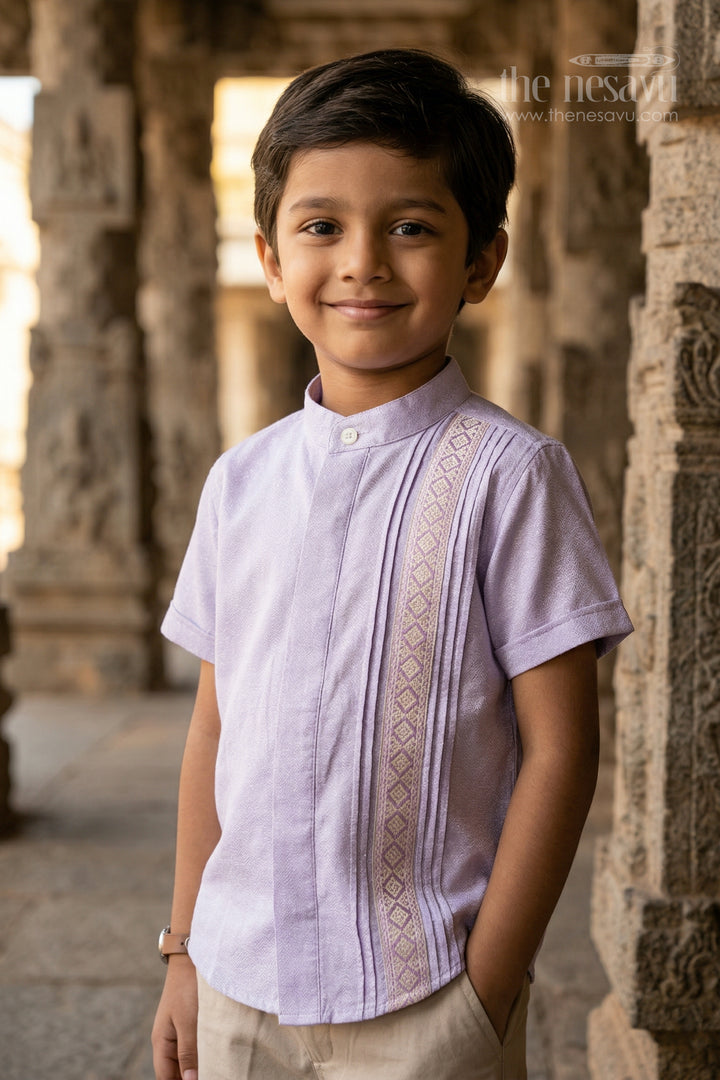 The Nesavu Boys Silk Shirt Boys Silk Shirt for Festive and Traditional Celebrations Nesavu 14 (6M) / Purple / Silk Blend BS408A-14 Nesavu boys tissue silk festive shirt with embroidered panel