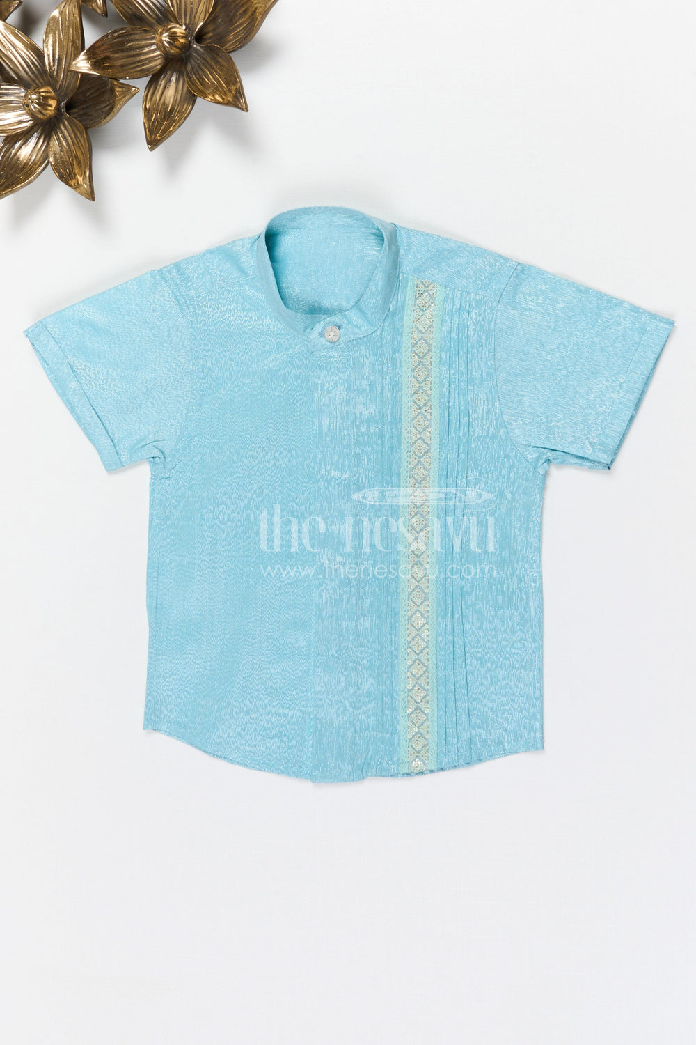 The Nesavu Boys Silk Shirt Boys Silk Shirt for Festive Celebrations and Family Functions Nesavu 14 (6M) / Blue / Silk Blend BS412A-14 Nesavu boys tissue silk ethnic shirt with embroidery detail