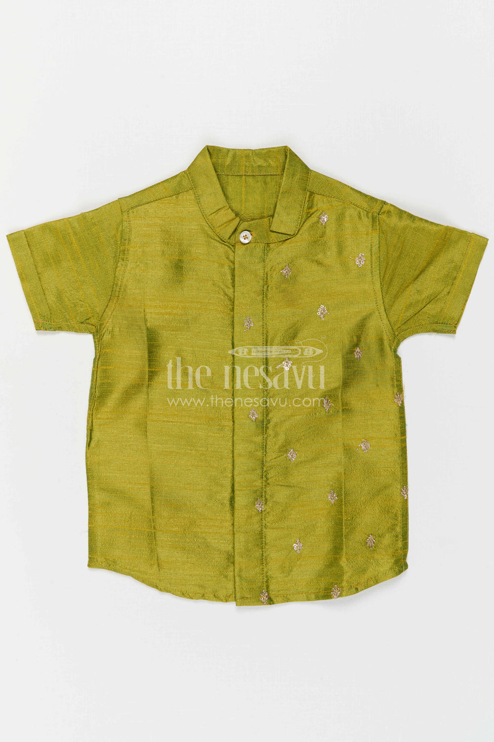The Nesavu Boys Silk Shirt Boys Silk Shirt for Festive Occasions and Traditional Functions Nesavu Nesavu Boys Raw Silk Shirt For Festive Occasions With Sequence Embroidery Short Sleeve Ethnic Wear