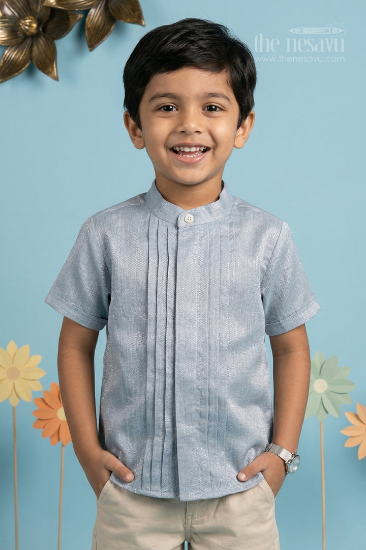 The Nesavu Boys Silk Shirt Boys Silk Shirt for Wedding and Festive Wear Nesavu 14 (6M) / Blue / Silk Blend BS406B-14 Nesavu Boys Tissue Silk Shirt For Wedding Celebrations And Festive Traditional Occasions