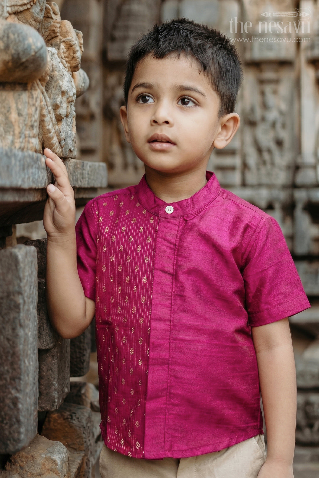 The Nesavu Boys Silk Shirt Boys Silk Shirt for Wedding Receptions and Festive Portraits Nesavu 16 (1Y) / Pink / Raw Silk BS519A-16 Nesavu Boys Raw Silk Shirt With Jacquard Panel For Wedding Receptions And Festive Occasions