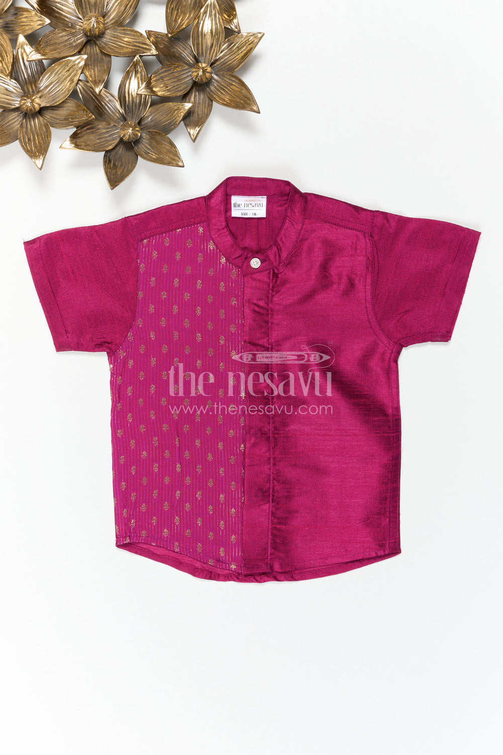 The Nesavu Boys Silk Shirt Boys Silk Shirt for Wedding Receptions and Festive Portraits Nesavu Nesavu Boys Raw Silk Shirt With Jacquard Panel For Wedding Receptions And Festive Occasions