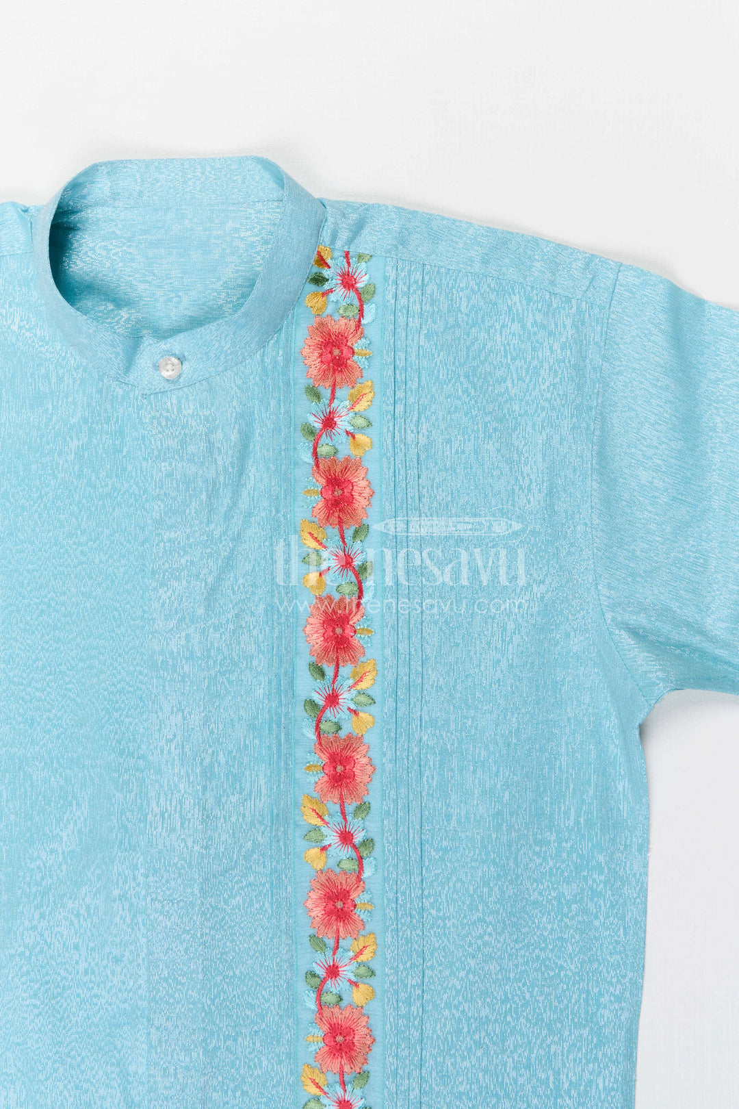 The Nesavu Boys Silk Shirt Boys Silk Shirt for Weddings and Festive Events Nesavu Nesavu boys blue tissue silk festive shirt with embroidered placket
