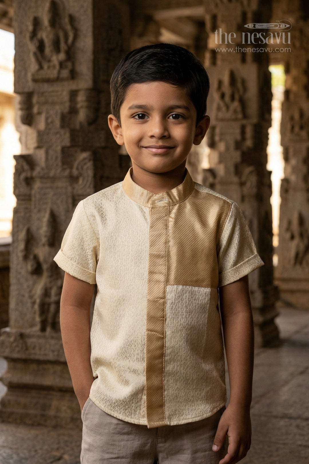 The Nesavu Boys Silk Shirt Boys Silk Shirt for Weddings and Special Celebrations Nesavu 14 (6M) / Cream / Silk Blend BS415A-14 Nesavu boys cream tissue silk festive shirt for weddings