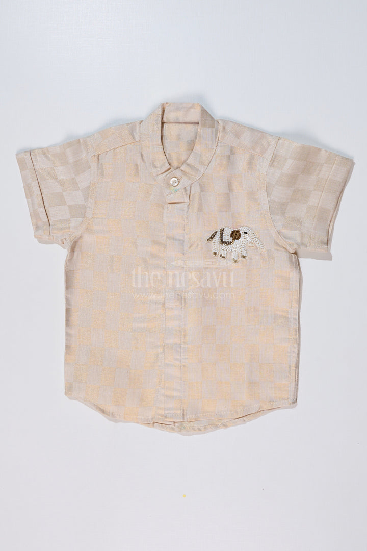 The Nesavu Boys Silk Shirt Boys Silk Shirt in Gold Cotton Tissue with Checkered Pattern and Embellished Elephant Design Nesavu 16 (1Y) / Gold BS221A-16 Nesavu Boys Silk Shirt Gold Cotton Tissue Checkered Pattern Embellished Elephant Motif