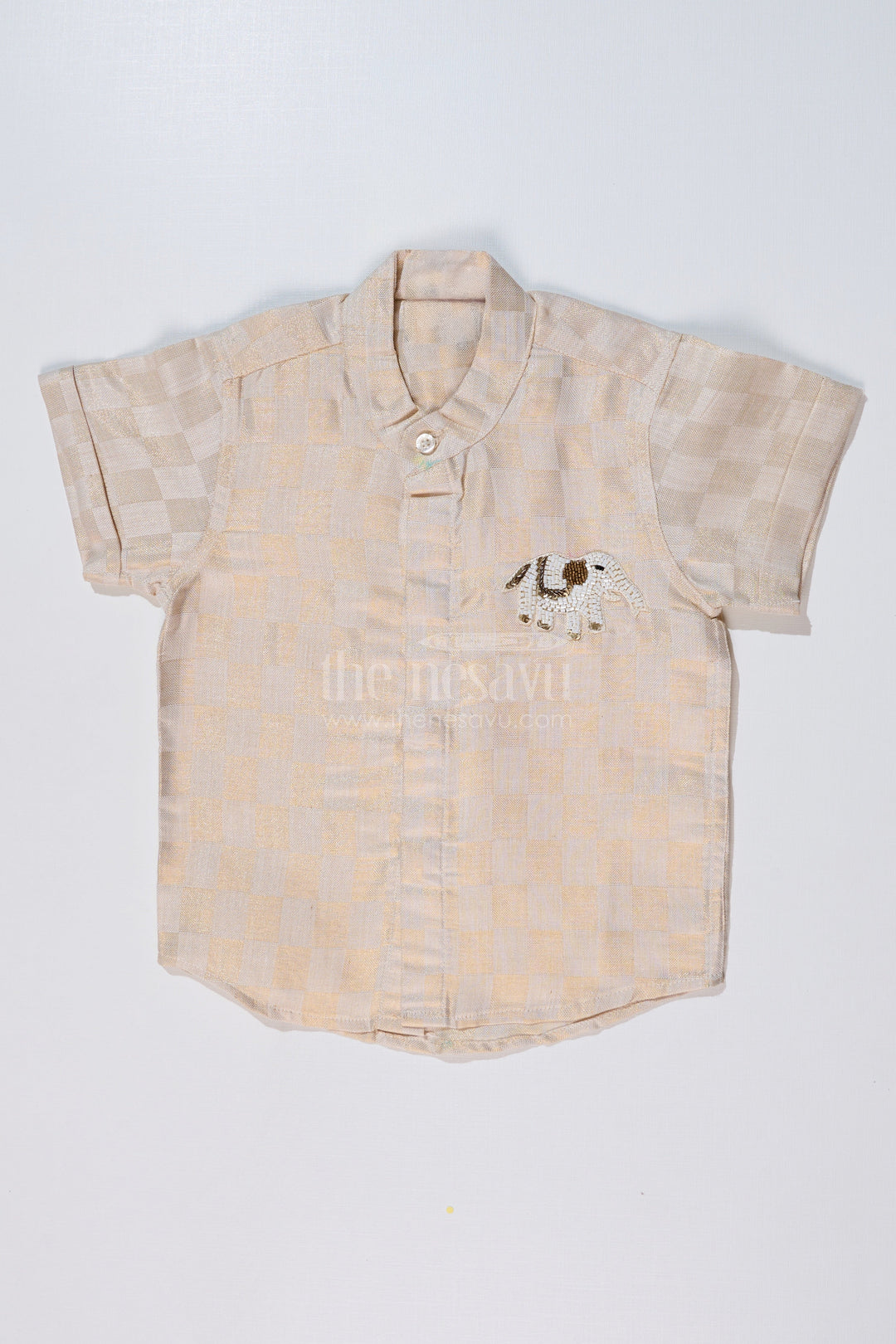The Nesavu Boys Silk Shirt Boys Silk Shirt in Gold Cotton Tissue with Checkered Pattern and Embellished Elephant Design Nesavu 16 (1Y) / Gold BS221A-16 Nesavu Boys Silk Shirt Gold Cotton Tissue Checkered Pattern Embellished Elephant Motif