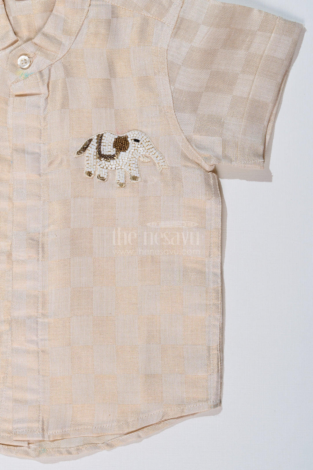 The Nesavu Boys Silk Shirt Boys Silk Shirt in Gold Cotton Tissue with Checkered Pattern and Embellished Elephant Design Nesavu Nesavu Boys Silk Shirt Gold Cotton Tissue Checkered Pattern Embellished Elephant Motif