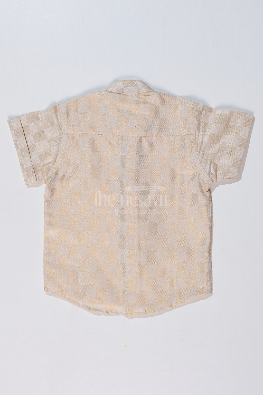 The Nesavu Boys Silk Shirt Boys Silk Shirt in Gold Cotton Tissue with Checkered Pattern and Embellished Elephant Design Nesavu Nesavu Boys Silk Shirt Gold Cotton Tissue Checkered Pattern Embellished Elephant Motif