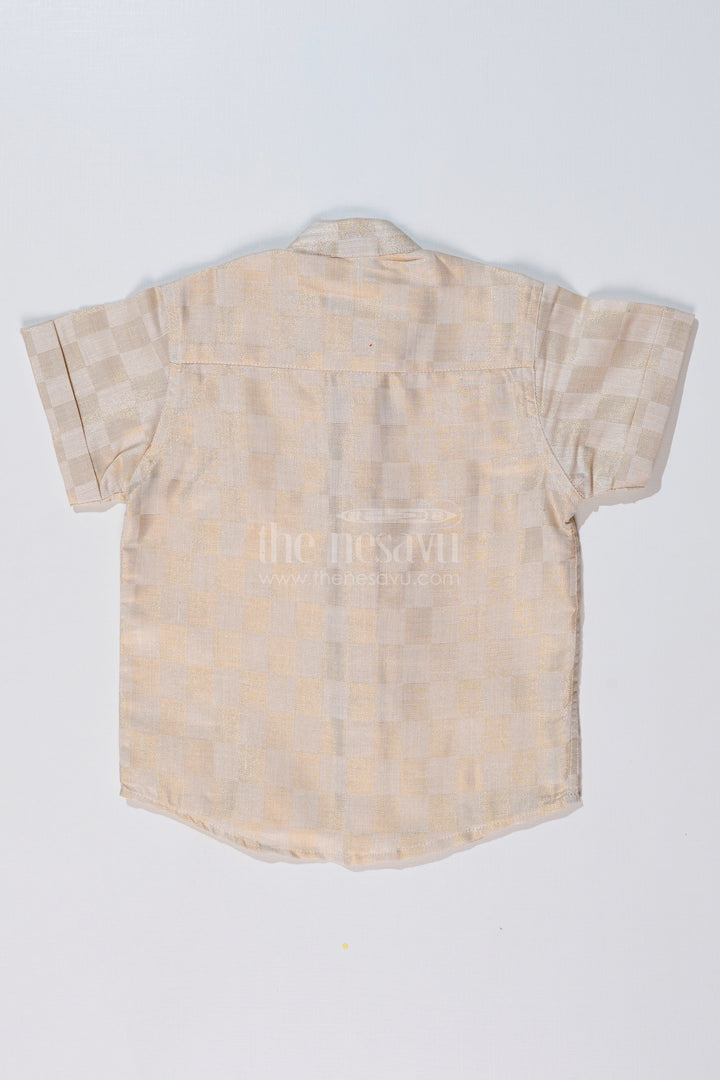 The Nesavu Boys Silk Shirt Boys Silk Shirt in Gold Cotton Tissue with Checkered Pattern and Embellished Elephant Design Nesavu Nesavu Boys Silk Shirt Gold Cotton Tissue Checkered Pattern Embellished Elephant Motif