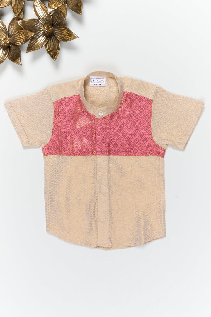 The Nesavu Boys Silk Shirt Boys Silk Shirt with Banarasi Yoke for Festive and Wedding Functions Nesavu 14 (6M) / Gold / Cotton Silk BS399B-14 Nesavu boys cotton tissue silk shirt with Banarasi yoke patch for weddings and traditional occasions