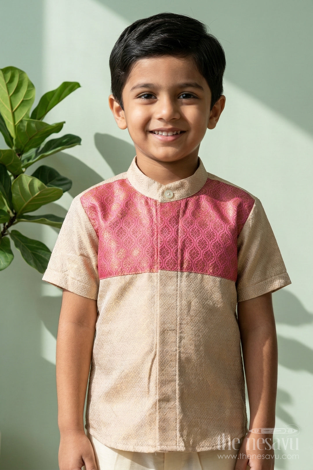 The Nesavu Boys Silk Shirt Boys Silk Shirt with Banarasi Yoke for Festive and Wedding Functions Nesavu 14 (6M) / Gold / Cotton Silk BS399B-14 Nesavu boys cotton tissue silk shirt with Banarasi yoke patch for weddings and traditional occasions