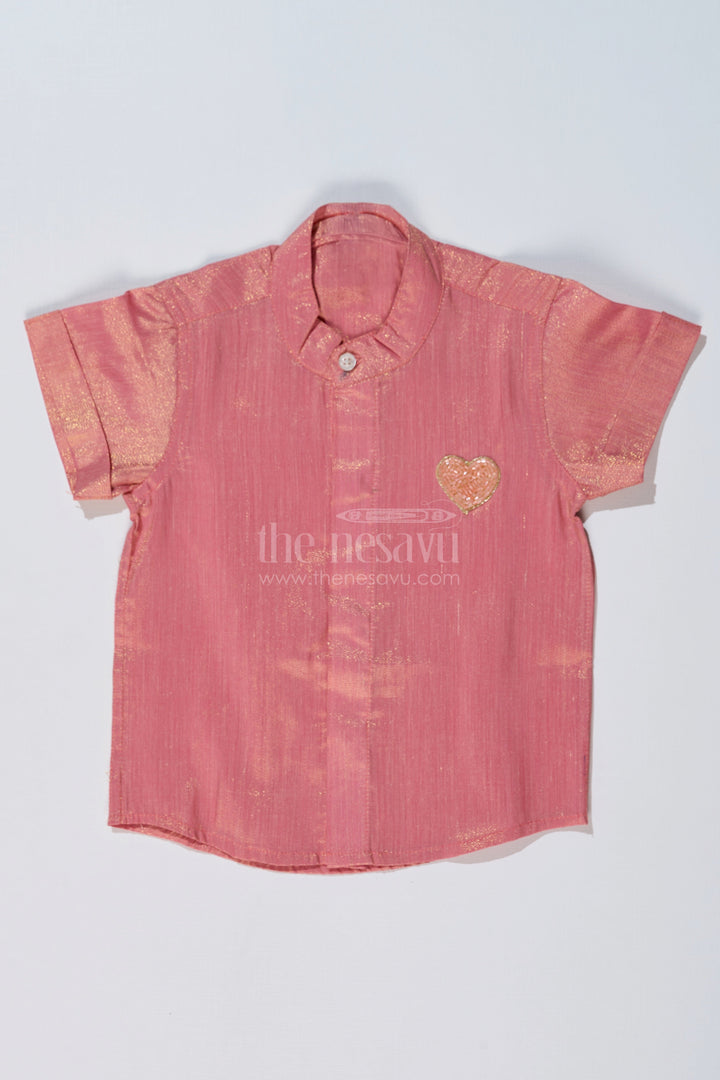 The Nesavu Boys Silk Shirt Boys Silk Shirt with Embroidered Heart Motif and Mandarin Collar for Festive Wear Nesavu 16 (1Y) / Pink BS225A-16 Nesavu Boys Silk Shirt Heart Embroidery Mandarin Collar Traditional Wear