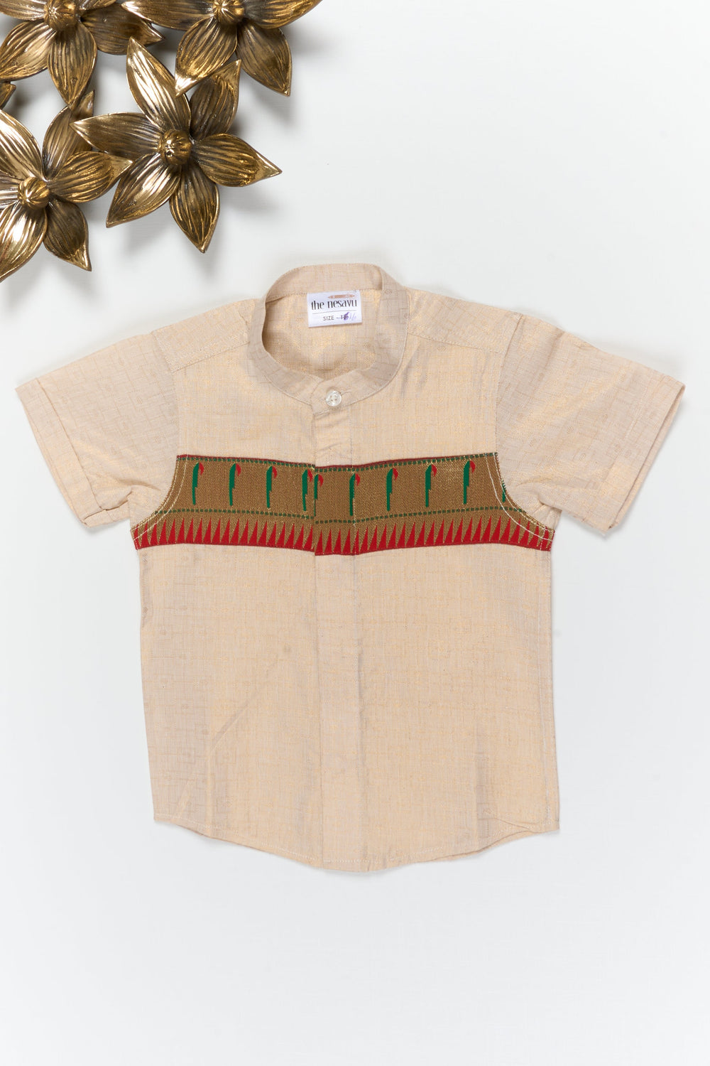 The Nesavu Boys Silk Shirt Boys Silk Shirt with Paithani Border for Traditional Ceremonies Nesavu 14 (6M) / Gold / Cotton Silk BS402A-14 Nesavu boys silk shirt with Paithani border in cotton tissue – perfect for weddings and traditional functions
