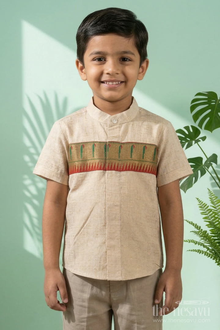 The Nesavu Boys Silk Shirt Boys Silk Shirt with Paithani Border for Traditional Ceremonies Nesavu 14 (6M) / Gold / Cotton Silk BS402A-14 Nesavu boys silk shirt with Paithani border in cotton tissue – perfect for weddings and traditional functions