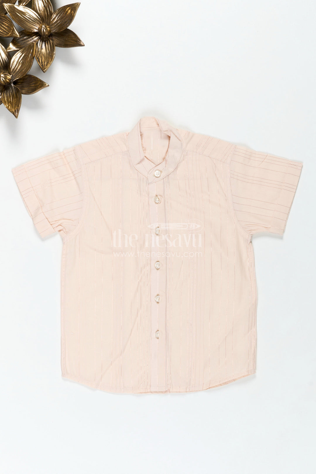 The Nesavu Boys Cotton Shirt Boys Simple Cotton Shirt for Temple Visits with Beige Striped Print and Mandarin Collar in Soft Fabric Nesavu 16 (1Y) / Cream BS268A-16 Nesavu Boys Cotton Shirt Stripes Print Mandarin Collar Temple Visits Traditional Occasions