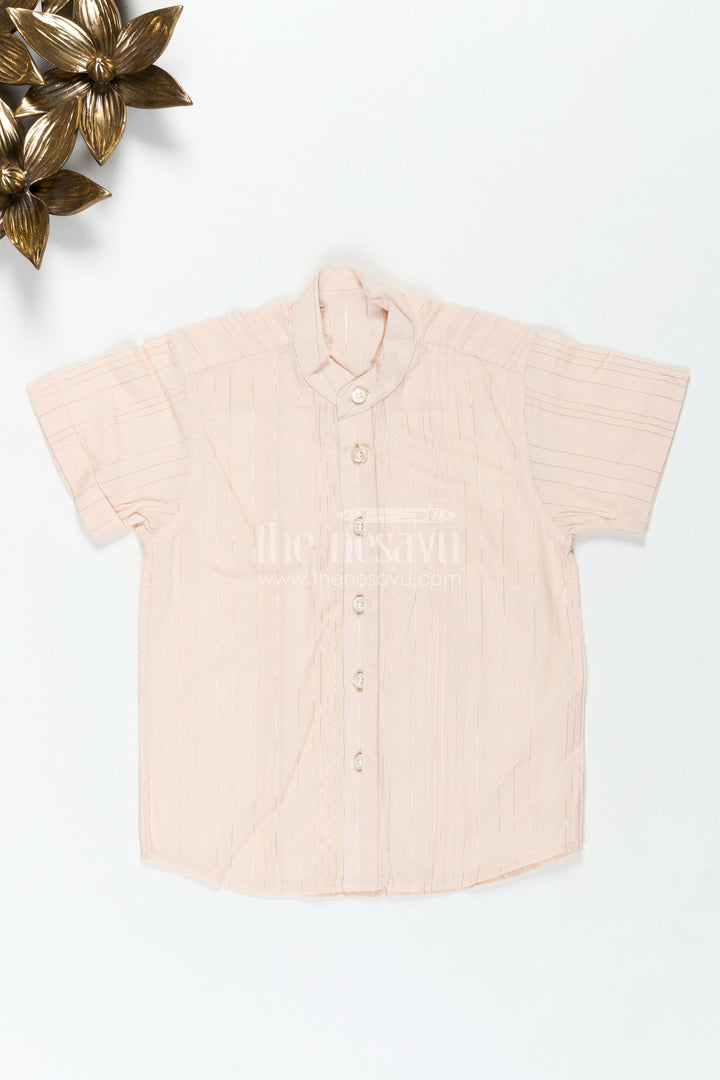 The Nesavu Boys Cotton Shirt Boys Simple Cotton Shirt for Temple Visits with Beige Striped Print and Mandarin Collar in Soft Fabric Nesavu 16 (1Y) / Cream BS268A-16 Nesavu Boys Cotton Shirt Stripes Print Mandarin Collar Temple Visits Traditional Occasions